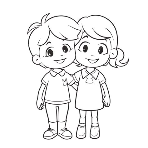 Child Coloring Page With Two Drawing Of Happy Cute Kids Outline Sketch ...