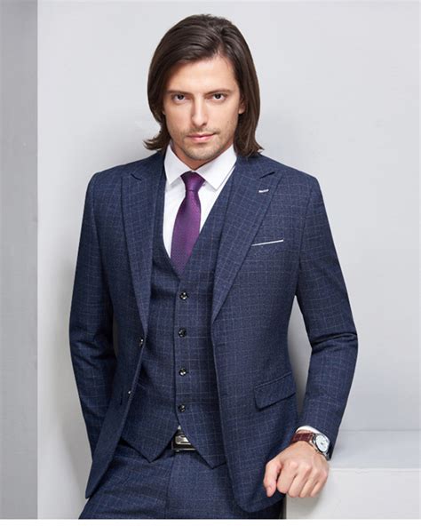 Navy Blue Plaid Men's Business Suit Formal Wear Three Pieces (Jacket+p ...