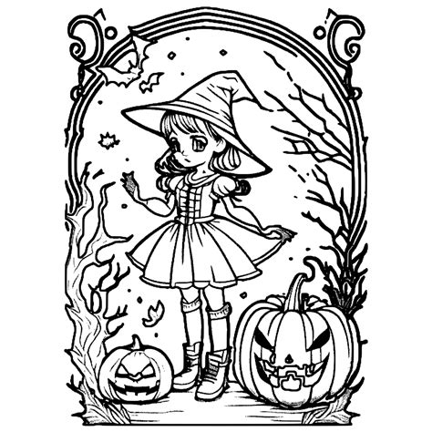 Cute Anime Halloween Witch Coloring Page · Creative Fabrica