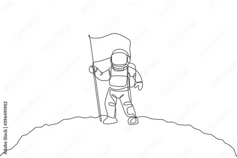 One single line drawing of space man astronaut exploring moon surface ...