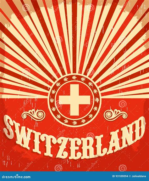 Switzerland Vintage Old Poster With Swiss Flag Colors Cartoon Vector ...