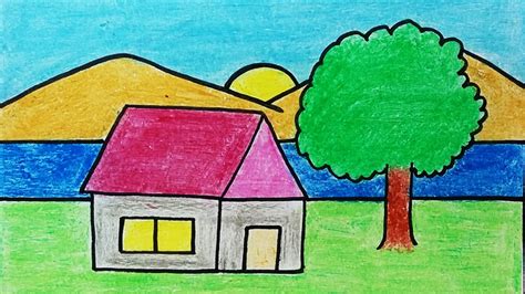 Landscape drawing for kids | House and nature drawing