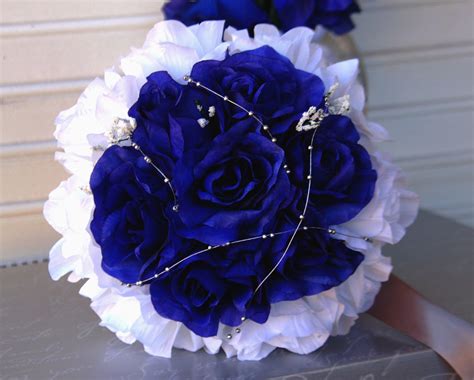 Royal Blue Silver White Wedding Bouquet (Bridal Party Flower Available ...