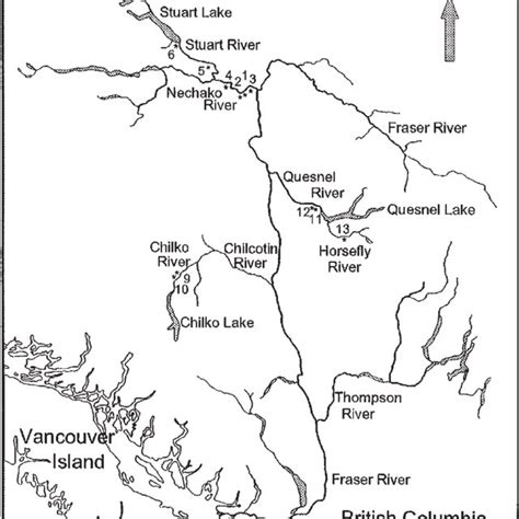 Map of the Fraser River watershed, British Columbia, Canada. Asterisks ...