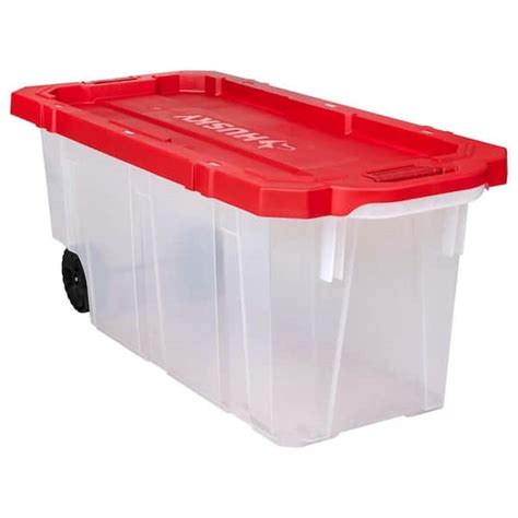 Husky 45 Gal. Clear Latch and Stack Tote with Wheels in Black with Red ...