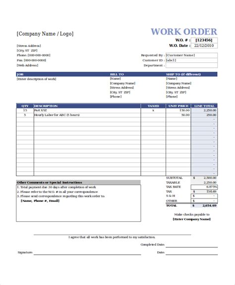 Excel Work Order Template | Template Business