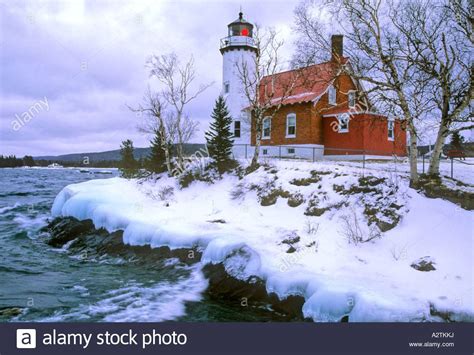 Winter Eagle Harbor Lighthouse, USA, Michigan, Keweenaw Peninsula ...