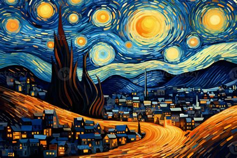 A Painting of a Starry Night with the Sky and Full Moon over the Town ...