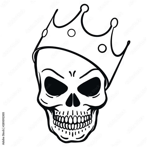 outline drawing of a wicked skull with a crown on its head. horror ...