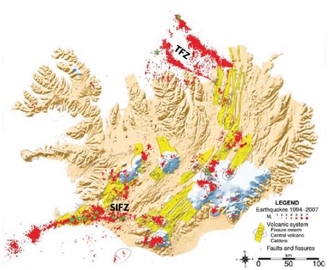 Map of Iceland showing the locations of earthquakes in years 1994-2007 ...