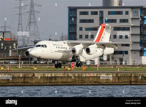 CityJet BAe-146 landing at London City Airport Stock Photo - Alamy