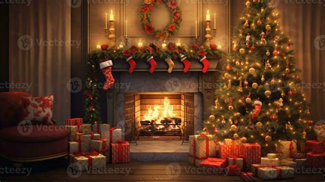 Cozy Christmas interior with a glowing tree, fireplace, and presents ...