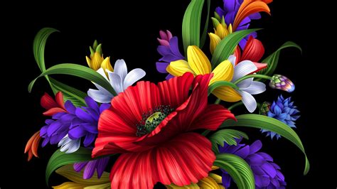 HD colorful flowers bouquet on the black background