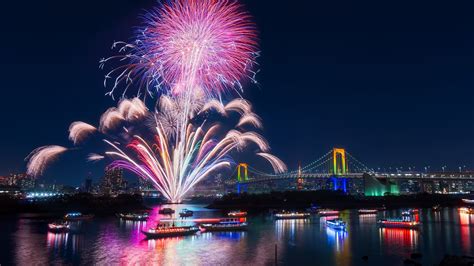 Tokyo, city, fireworks, beautiful night, bay, bridge, illumination ...