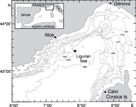 Map of the Ligurian Sea in the North-western Mediterranean, showing the ...