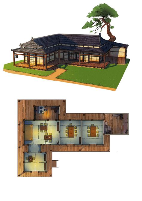 the floor plan and elevation view of a japanese style house with an ...