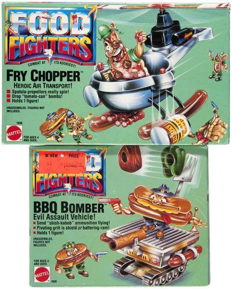 Hake's - MATTEL FOOD FIGHTERS SET OF TEN FIGURES ON CARDS AND TWO VEHICLES.