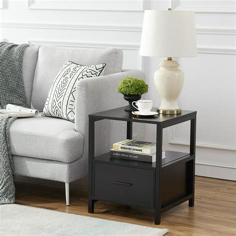 VECELO Modern End Table with 1 Drawer and Shelf Black Nightstand Accent ...