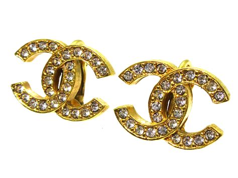 Authentic CHANEL Vintage CC Logos Rhinestone Earrings Clip-On Gold ...