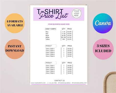 Tshirt Price List, Tshirt Pricing Template, Tshirt Price List Template ...