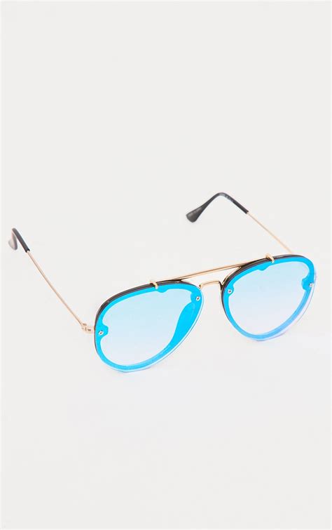 Blue Mirrored Lens Aviator Sunglasses | PrettyLittleThing USA