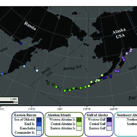 Steller sea lion natal rookeries (dots) sampled in this study. Pups ...