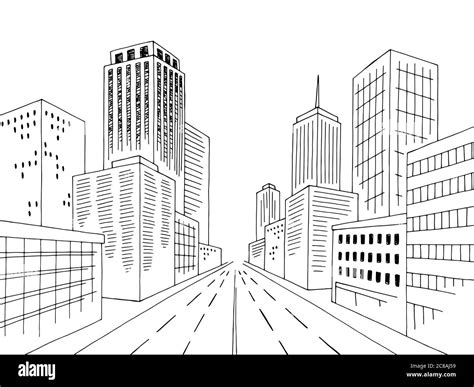 City road street graphic black white cityscape skyline sketch ...