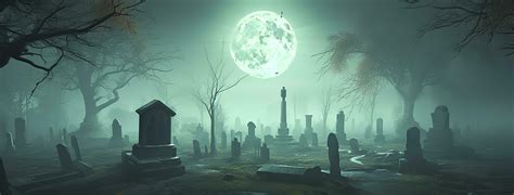 a halloween cemetery and graveyard with a full moon, in the style of ...