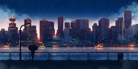 Anime 4800x2400 anime city building women umbrella night painting ...