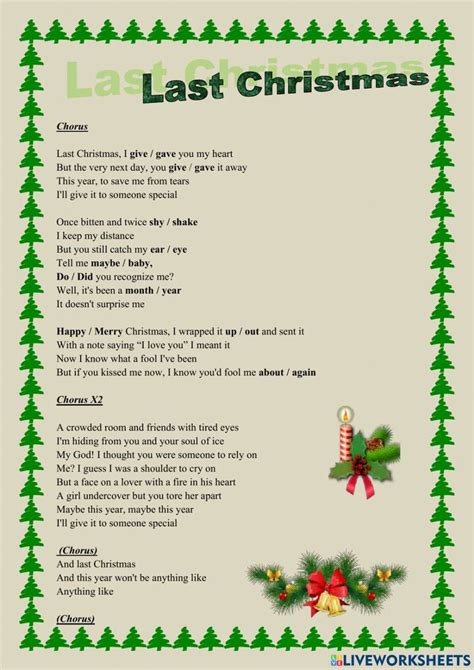 Taylor Swift - Last Christmas lyrics worksheet | Last christmas lyrics ...