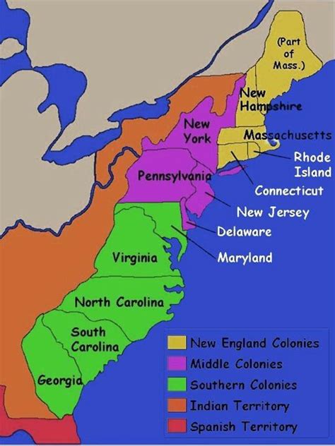 Map of the 13 Colonies divided into New England, Middle and Southern ...