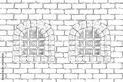 Old brick wall with barred windows. Hand drawing, vintage sketch Stock ...