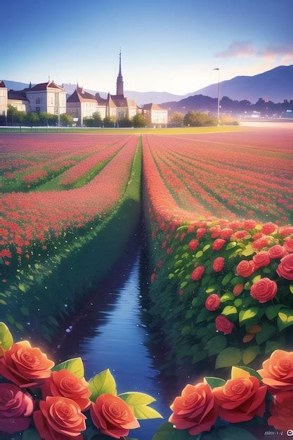 Premium AI Image | A painting of a field of red roses.