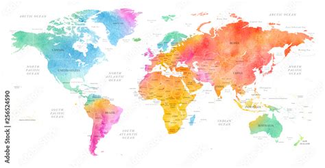 Fototapeta: High detailed Multicolor Watercolor World Map Illustration ...