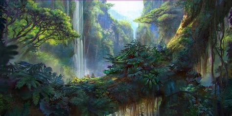 an artist's rendering of a waterfall in the middle of a jungle with ...