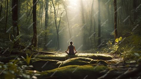 Premium Photo | A woman meditating in a forest with the sun shining ...