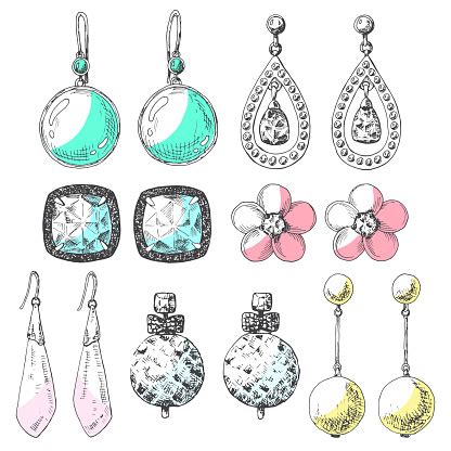 Hand Drawn Earrings Set Icons In A Sketch Style Vector Illustration ...