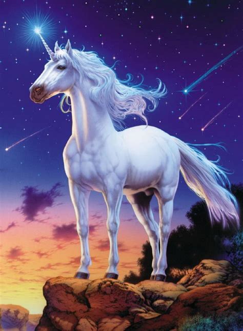 a white unicorn standing on top of a rock under a purple and blue sky ...