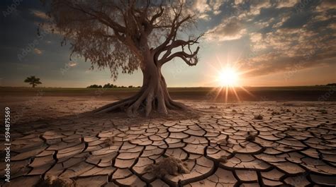 Cracked Earth and wilted tree depict severe drought caused by climate ...