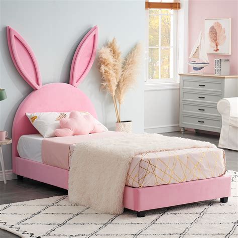 VECELO Kids Children Upholstered Bed Frame, Rabbit Shape, Twin Size ...