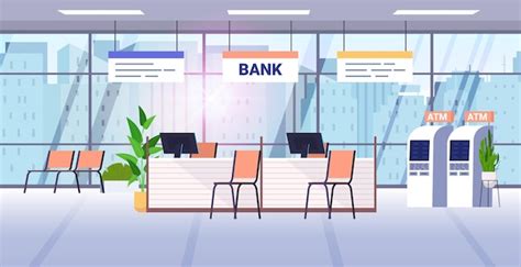 Premium Vector | Bank office interior with atm and staff desks ...