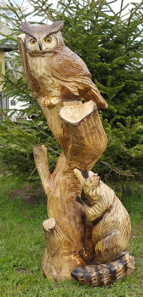 Chainsaw Carving, Owl, Raccoon, Tree, Yard Decoration, Wood Carving ...