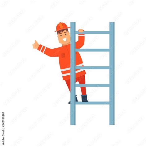 Smiling Firefighter Wearing Orange Protective Uniform Climbing Ladder ...