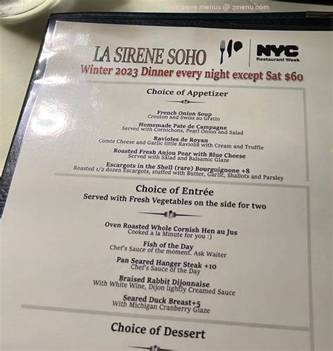 Online Menu of La Sirene Restaurant, New York, New York, 10013 - Zmenu