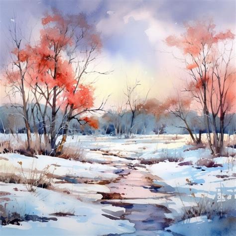 Premium Photo | Painting of a stream in a snowy field with trees and ...