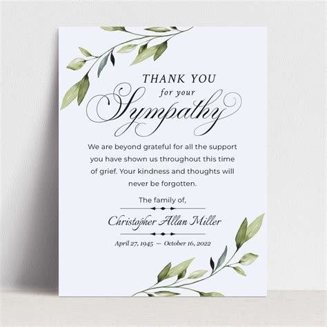 Minimalist Funeral Bereavement Sympathy Thank You Card ...