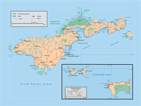 Large map of American Samoa with parks, reefs, rivers, roads, cities ...