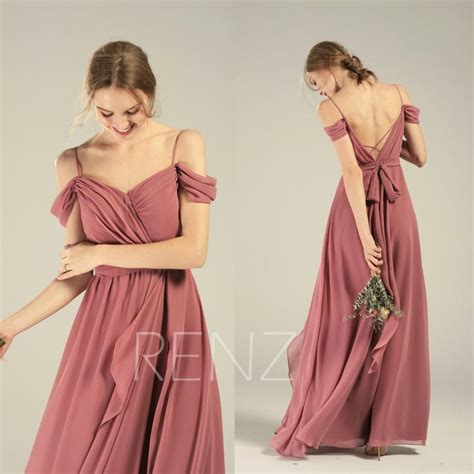 Prom Dress Old Rose Chiffon Bridesmaid Dress Ruched Off Shoulder Maxi ...