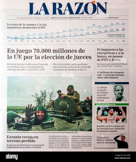 Partial image of front page of Spanish newspaper La Razon for 14 ...