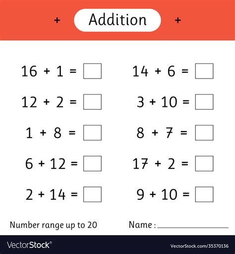 Addition number range up to 20 mathematics math Vector Image